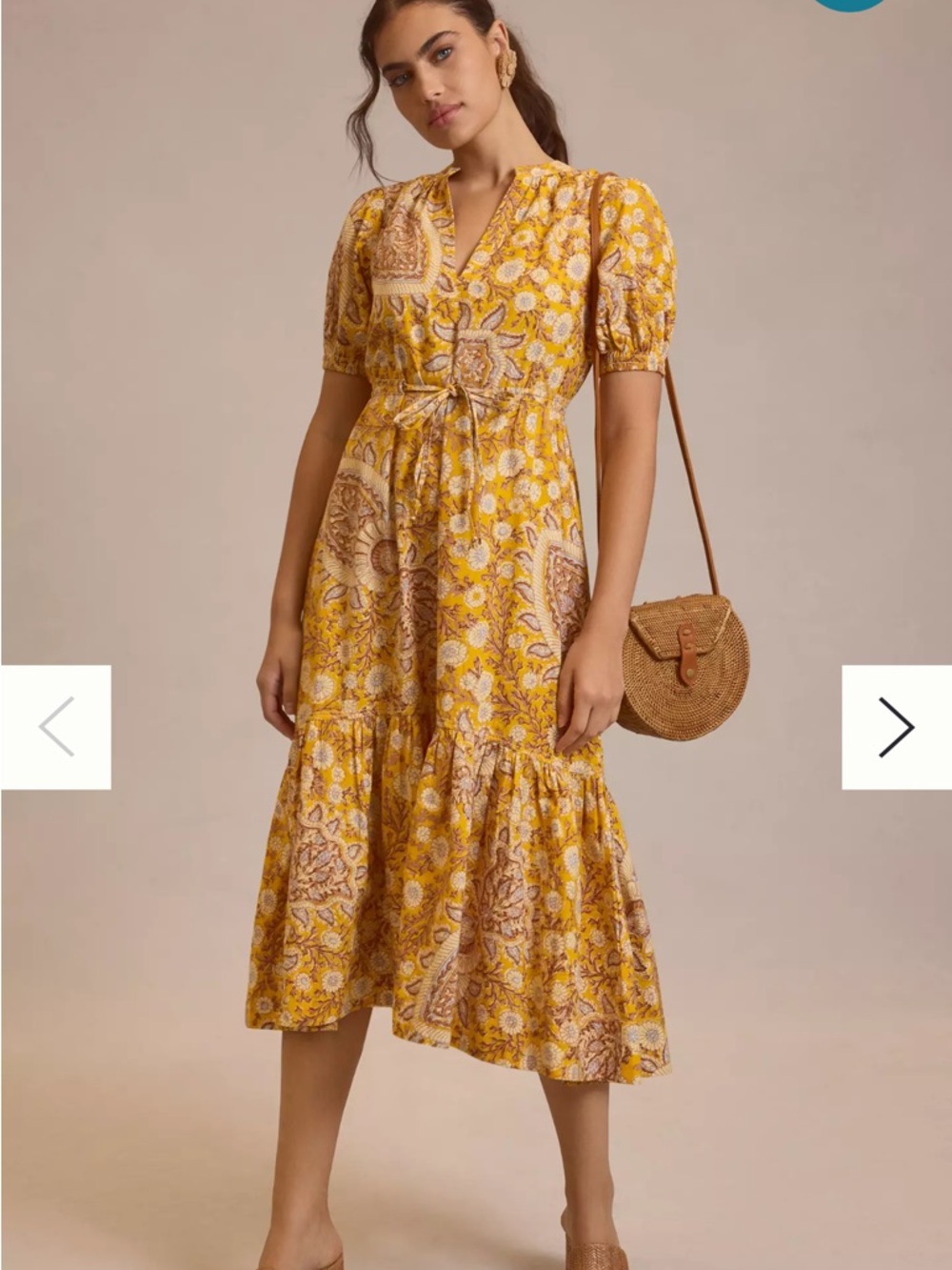 Anthropologie Yellow Floral Paisley Tie-Waist Midi Dress